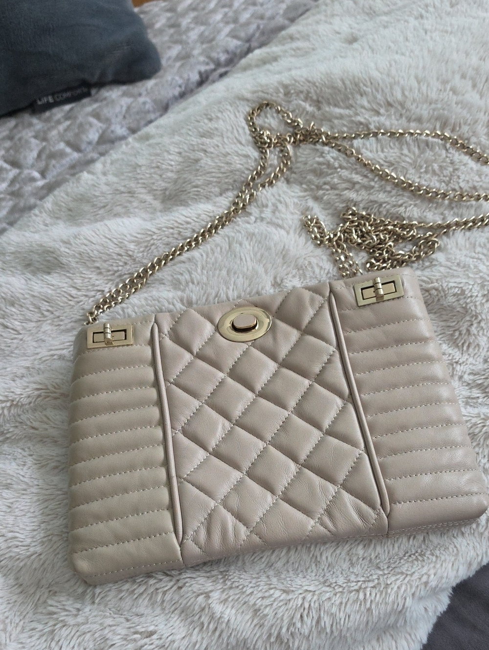Marciano Beige Quilted Crossbody with Gold Chain